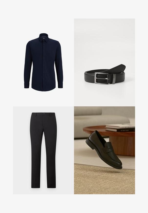 Marineblaue Langarmhemd aus gewebtem Stoff, mit klassischem Kragen, geradem Schnitt und vorderer Knopfverschluss.; Schwarze, maßgeschneiderte Hose mit geradem Bein, ausgestattet mit Knopfverschluss und Gürtelschlaufen. Hergestellt aus glattem Stoff ohne sichtbare Muster.; Schwarzer Lederloafer-Schuh schwebt über einem beige gewebten Teppich, mit einem Holztisch und gestapelten Büchern in einem sanft beleuchteten Wohnzimmer.; Schwarzer Ledergürtel mit einer silbernen Metallschnalle, der eine glatte Oberfläche und ein klassisches Design aufweist. Der Gürtel ist ordentlich gefaltet.