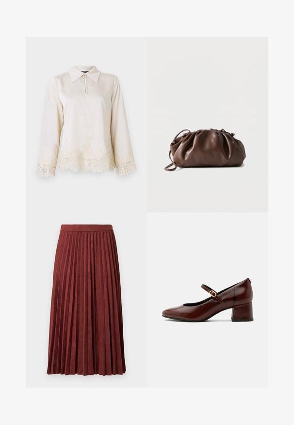 Blouse en crème avec un col, fermeture éclair à l'avant, et manches longues ornées d'une délicate dentelle au bas et aux bords des manches.; Jupe midi plissée bordeaux en tissu doux, présentant des plis verticaux et une taille ajustée. Texture lisse avec une couleur unie.; Chaussure Mary Jane en cuir marron avec petit talon bloc et bride à boucle dorée, vue latérale sur fond blanc.; Sacoche en cuir marron doux avec un haut froncé et une fine bandoulière, posée sur un fond blanc.