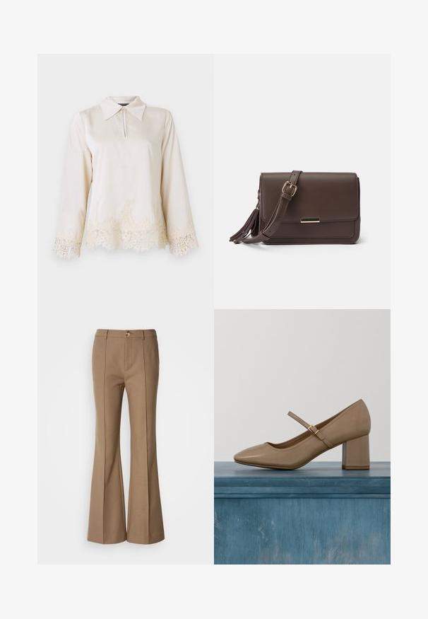 Blouse en crème avec un col, fermeture éclair à l'avant, et manches longues ornées d'une délicate dentelle au bas et aux bords des manches.; Pantalons évasés marron avec une texture lisse, dotés d'une fermeture à bouton sur le devant et de coutures verticales pour une meilleure structure.; Escarpin en cuir beige à talon bloc avec bout arrondi et une bride décorative avec une boucle dorée. Texture lisse, design minimaliste.; Sac bandoulière en simili cuir marron avec un rabat, quincaillerie dorée et détail de frange sur le côté. Bandoulière ajustable pour un port polyvalent.
