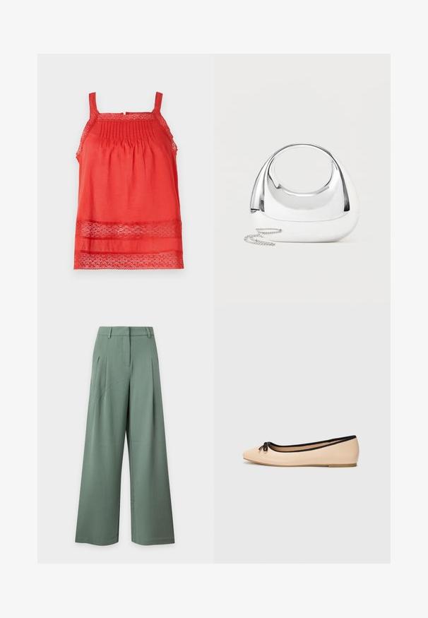 Haut sans manches rouge en tissu léger, avec des plis au niveau du buste supérieur et des accents en dentelle le long de l'ourlet et des bretelles.; Pantalon taille haute à jambes larges en vert doux avec passants de ceinture, poches latérales et plis devant sur un fond clair.; Ballerines en cuir beige avec un bout pointu, une bordure élastique noire et un détail de noeud central. Surface lisse et semelle flexible à profil bas.; Sac à main métallique argenté brillant avec une forme arrondie, une poignée ovale découpée et une bandoulière en chaîne argentée sur un fond clair uni.