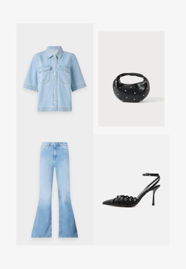 Lyseblå denim kortærmet skjorte med spidse kraver, to brystlommer og sølvfarvede trykknapper foran. Ren, glat tekstur.; Lyseblå vidde jeans lavet af denim med høj talje, der har forlommer og en falmet tekstur mod bunden af benene.; Sort spids hæl med bølgede kanter, metaløjer, snørelukning foran og ankelrem med spænde.; Sort læderhåndtaske med en rundet form, dekoreret med sølvnitter, og et kort håndtag. Glat tekstur og lynlåslukning.