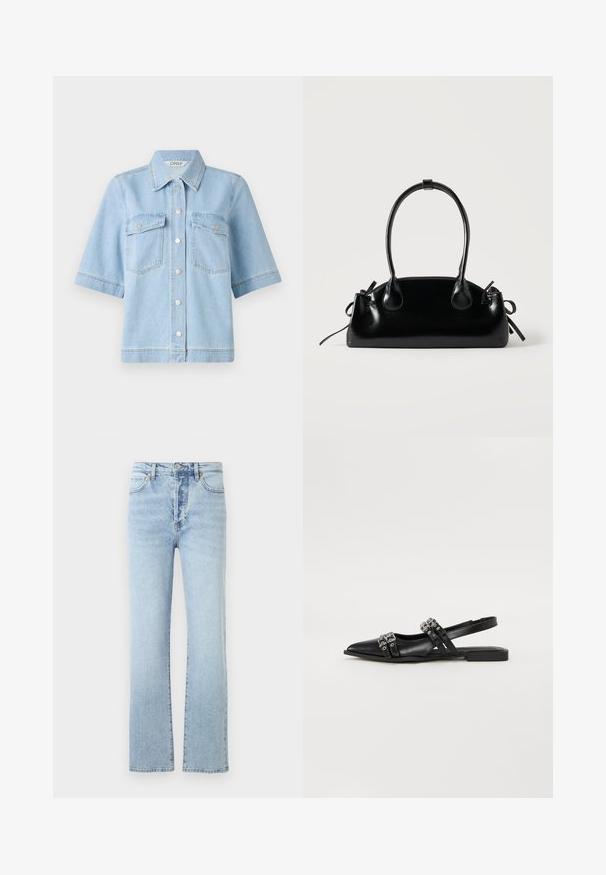 Lyseblå denim kortærmet skjorte med spidse kraver, to brystlommer og sølvfarvede trykknapper foran. Ren, glat tekstur.; Lys blå denim jeans med lige ben-design, featuring høj talje, klassisk fem-pockets stil, og subtil falmning.; Even&Odd Slingback-ballerinasko - black; Lille sort blank håndtaske med to lange håndtag og snøre-detaljer i siden på en ensfarvet lys baggrund.