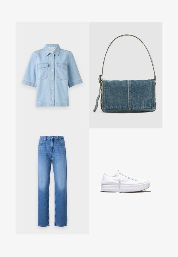 Lyseblå denim kortærmet skjorte med spidse kraver, to brystlommer og sølvfarvede trykknapper foran. Ren, glat tekstur.; Lyseblå denimjeans med høj talje, lige ben og slidte områder. Har almindelige for- og baglommer samt en knaplukning.; Hvid lavt snørestøvle med tyk plateau-sål, snørelukning foran og gummiforstærket tåkap, set i sideprofil.; Denim skuldertaske med fold-over design, lys blå farve, synlige sømme, justerbar rem og en sidelabel-detalje.