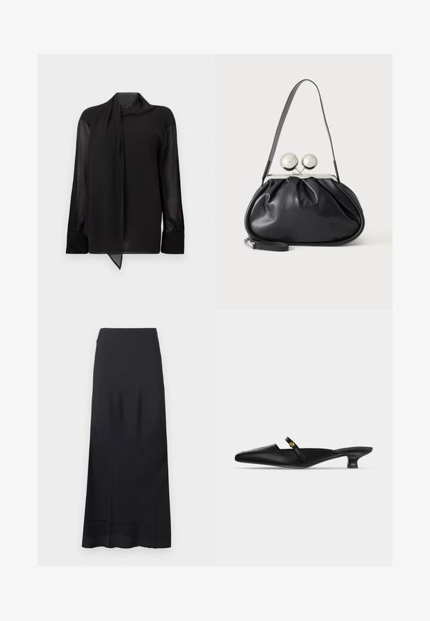 Blouse noire en tissu lisse et transparent. Dotée d'un col drapé et de manches longues avec poignets boutonnés. L'ourlet est pointu à l'avant.; Jupe noire longue jusqu'au sol en tissu lisse ; présente un design épuré et profilé sans motifs ni ornements supplémentaires.; Mule noire à bout pointu avec petit talon kitten et fine bride sur le cou-de-pied ornée d’un petit bouton doré.; Sac à main en cuir noir avec un design plissé, une sangle unique, un cadre métallique argenté et deux grandes fermoirs ronds en argent.