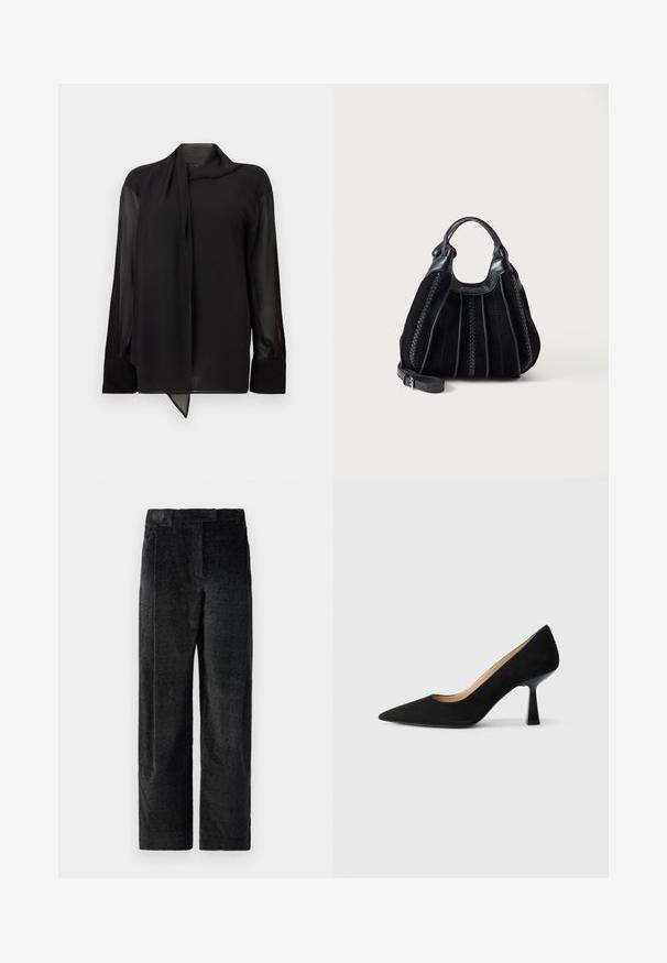 Blouse noire en tissu lisse et transparent. Dotée d'un col drapé et de manches longues avec poignets boutonnés. L'ourlet est pointu à l'avant.; Pantalons larges noirs texturés avec un tissage prononcé, dotés de plis à l'avant et d'une taille plate. Design classique pour la polyvalence.; Pompe à talons hauts en suède noir avec un bout pointu, dotée d'un talon bloc noir brillant et d'une doublure intérieure lisse.; Sac cabas en cuir noir avec détails verticaux tressés, poignées arrondies et bandoulière réglable sur fond blanc.