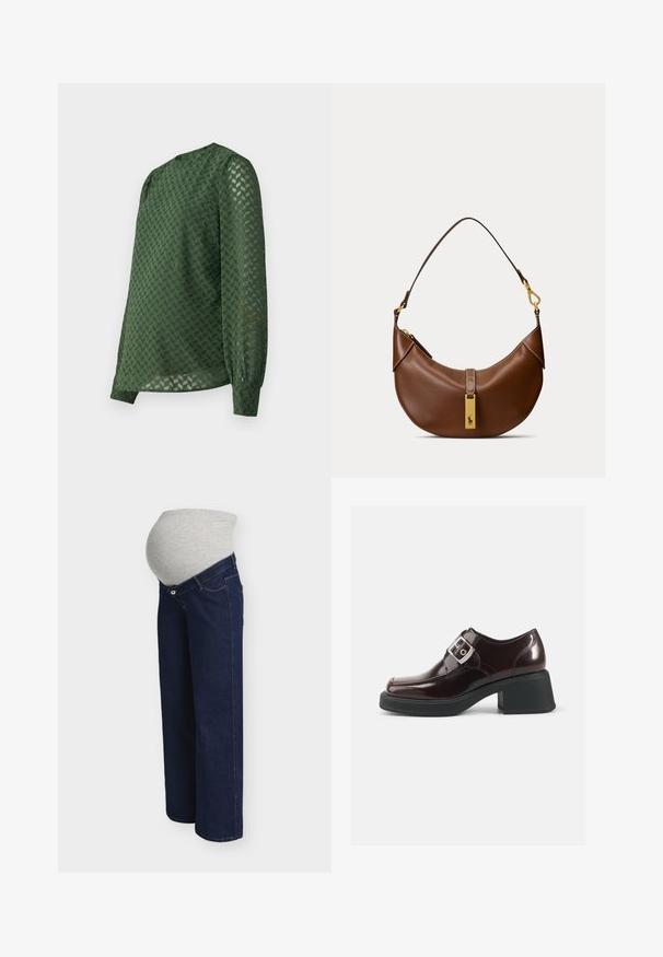 Blouse verte avec un motif de chevron texturé, manches longues, encolure ronde et une coupe légèrement ample avec des poignets froncés.; Jean de maternité bleu foncé avec une ceinture gris extensible conçue pour accueillir un ventre de femme enceinte.; Chaussures en cuir verni bordeaux avec un bout carré, un talon bloc et un détail de boucle sur le côté. Elles présentent une finition lisse et une texture douce.; Sac à main en cuir marron en forme de croissant avec une seule bandoulière et une étiquette rectangulaire dorée comportant un logo de cheval.