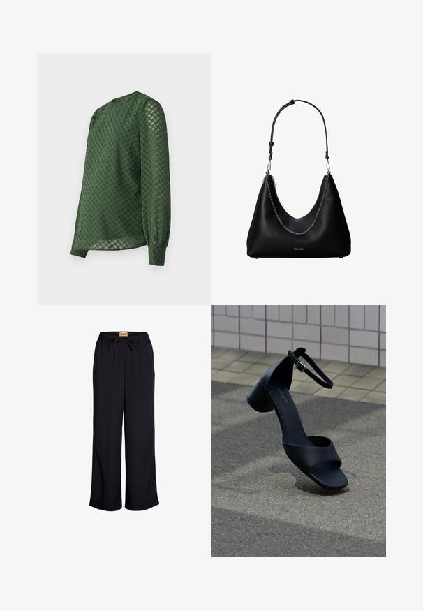 Blusa verde con un patrón de chevron texturizado, mangas largas, escote redondo y un ajuste ligeramente holgado con puños fruncidos.; Pantalones de pierna ancha negros con cintura elástica y cordón. Fabricados en un tejido suave sin patrones ni acentos visibles.; Sandalia negra de piel con punta abierta, tira en el tobillo y tacón bajo tipo bloque flotando sobre el asfalto cerca de una pared revestida de azulejos.; Bolso de mano de cuero negro con detalle de cadena plateada y correa de hombro ajustable, con el logo de Calvin Klein en la parte frontal.