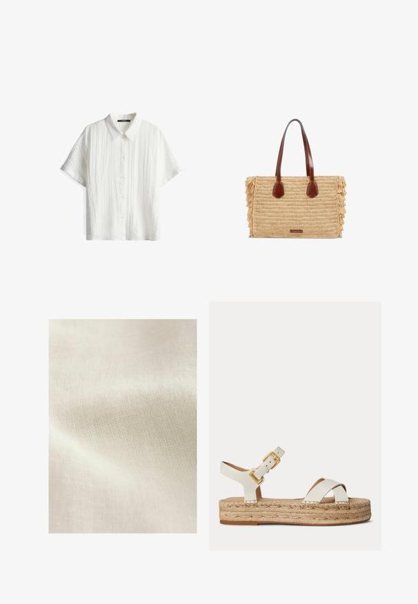 Witte shirt met korte mouwen en een gestructureerd patroon, met een kraag en vijf knopen. De stof heeft een lichte uitstraling.; Lichtbeige gemêleerde stof met een geweven patroon, die subtiele variaties in kleur en oppervlakte details toont. Over het algemeen een zachte, gladde textuur.; Witte leren platformsandaal met geweven jutezool, gouden gesp enkelbandje en gekruiste voorste bandjes op effen achtergrond.; Rechthoekige geweven strohandtas met bruine leren handvatten en franjes aan de zijkanten, met een klein voorlabel.