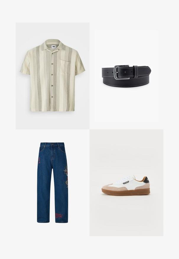 Korte mouwen button-up shirt in lichtbeige met verticale strepen in grijs. Heeft een borstzak en een gestructureerde stof.; Blauwe denim jeans met een losse pasvorm, voorzien van rode borduursels op de linkerdij en ingewikkelde meerkleurige ontwerpen op het rechterbeen.; Witte en tan suède sneakers met een bruine rubberen zool, platte veters en een zwarte hielaccent. Heeft logodetail aan de zijkant.; Zwarte leren riem met een gesp van zilverkleurig metaal, contrasterende witte stiksels en een glad oppervlak. Voorzien van meerdere verstelgaten.