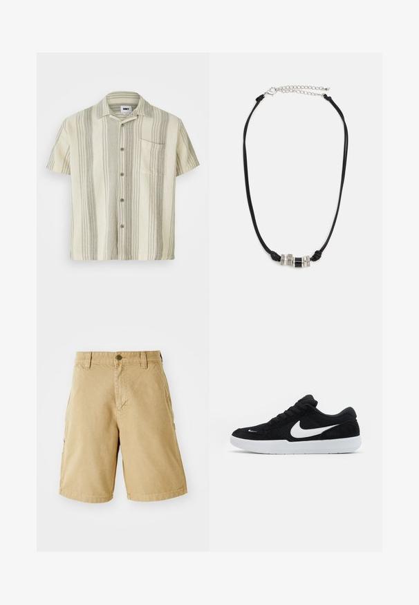 Kurzarm-Hemd mit Knopfleiste in hellbeige mit vertikalen grauen Streifen. Verfügt über eine Brusttasche und ein strukturiertes Gewebe.; Beige Baumwoll-Cargo-Shorts mit Front- und Seitentaschen, Gürtelschlaufen und einem Metallknopfverschluss. Gerade geschnitten und knielang.; Schwarze Wildledersneaker mit weißen Akzenten, runder Zehenform, dicker weißer Sohle und schwarzen Schnürsenkeln. Auffälliges weißes Nike-Logo an der Seite.; Schwarzes Schnur-Halsband mit drei dekorativen Metallperlen, darunter zwei silberne, strukturierte Ringe und eine schwarze zylindrische Perle, mit einer verstellbaren Kette.