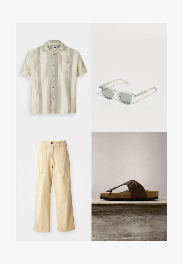 Korte mouwen button-up shirt in lichtbeige met verticale strepen in grijs. Heeft een borstzak en een gestructureerde stof.; Beige wijde broek van katoen. Heeft een hoge taille, twee zijzakken met een vlak design en een enkele knoopsluiting.; Bruine leren Birkenstock-sandaal met gesp en kurken voetbed, in balans op een houten oppervlak, met groene grasachtergrond.; Transparante rechthoekige zonnebril met grijze lenzen, met een gestructureerd zilveren armdetail en een stevig ontwerp van het frame.