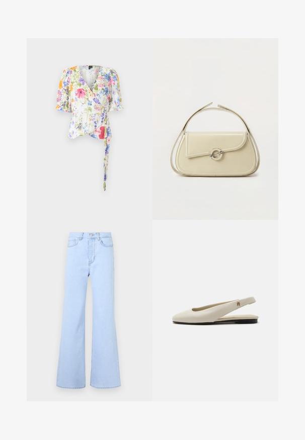 Haut floral à manches bouffantes en tissu léger, avec un décolleté en V et un lien à la taille. Motif floral multicolore sur l'ensemble.; Jean évasé bleu clair taille haute, doté de cinq poches, d'une fermeture à bouton et d'une texture denim lisse. Les bords sont soigneusement cousus.; Chaussure plate slingback en cuir couleur crème avec un bout arrondi et un petit emblème doré sur la bride.; Sac à main en cuir crème avec rabat incurvé, fermoir circulaire en argent et poignée courte sur le dessus, sur fond blanc uni.