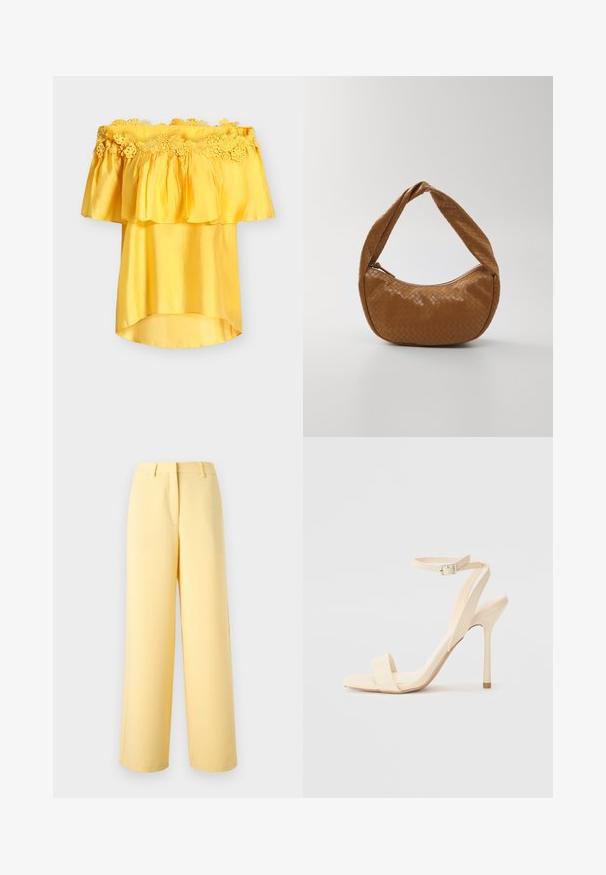 Blouse jaune épaules dénudées avec bordure en dentelle florale et encolure à volants, confectionnée dans un tissu léger légèrement brillant.; Pantalon jaune taille haute à jambes larges avec passants de ceinture, couture avant et fermeture avant dissimulée sur un fond uni clair.; Sandale à talon haut beige avec une sangle fine autour de la cheville et un bout carré. Matériau synthétique lisse, design minimaliste et talon aiguille.; Sac à main en cuir tressé de couleur beige, en forme ovale, avec une épaisse anse tressée, présentant une fermeture zippée et une texture brillante.