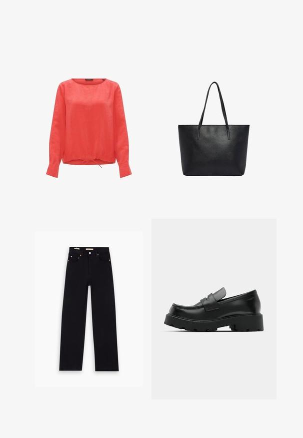 Rode linnen blouse met een ronde halslijn, lange mouwen en een gathering met trekkoord aan de onderkant. Effen structuur zonder zichtbare patronen of accenten.; Zwarte denim jeans met een recht model, vijf zakken, koperen hardware en een gladde textuur. Twee labels zichtbaar op de tailleband.; Zwarte leren instappers met een chunky, gestructureerde zool, voorzien van een band over de voet en een gladde, gepolijste afwerking.; Zwarte leren draagtas met textuur, twee lange schouderbanden, rechthoekige vorm en open bovenkant.