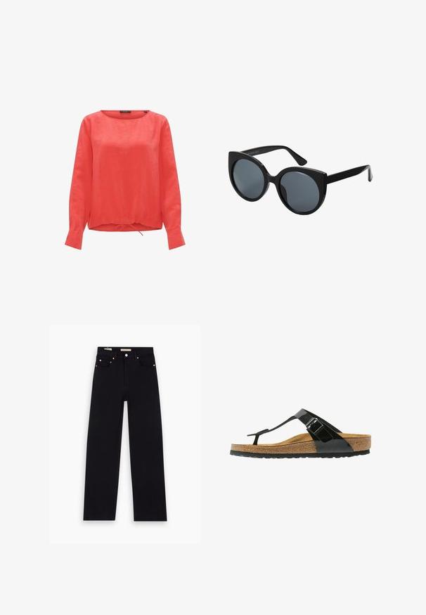 Rode linnen blouse met een ronde halslijn, lange mouwen en een gathering met trekkoord aan de onderkant. Effen structuur zonder zichtbare patronen of accenten.; Zwarte denim jeans met een recht model, vijf zakken, koperen hardware en een gladde textuur. Twee labels zichtbaar op de tailleband.; Zwarte gepatineerde teenslipper met verstelbare gesp, kurken voetbed en rubberen zool. Beschikt over een slank ontwerp met een textuur in het voetbed.; Zwarte oversized zonnebril met een kattenoogvorm, donkere getinte lenzen en een glanzend plastic montuur. Beschikt over dikke tempels voor extra ondersteuning.