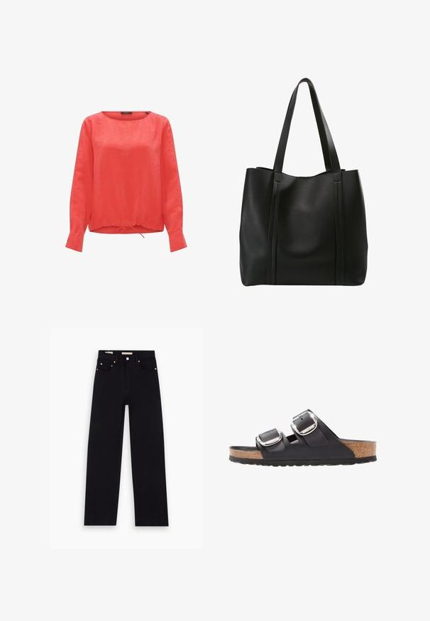 Blouse en lin rouge avec un col rond, des manches longues et un détail de ourlet avec cordon froncé. Texture lisse sans motifs ni accents visibles.; Jean en denim noir avec une coupe droite, cinq poches, matériel en cuivre et texture lisse. Deux étiquettes visibles sur la taille.; Sandale noire avec deux sangles ajustables, boucles en argent, et une semelle en liège sur une semelle en caoutchouc noir texturé.; Sac fourre-tout en cuir noir avec deux longues poignées, présentant un design minimaliste, une texture lisse et des coutures verticales sur le devant.