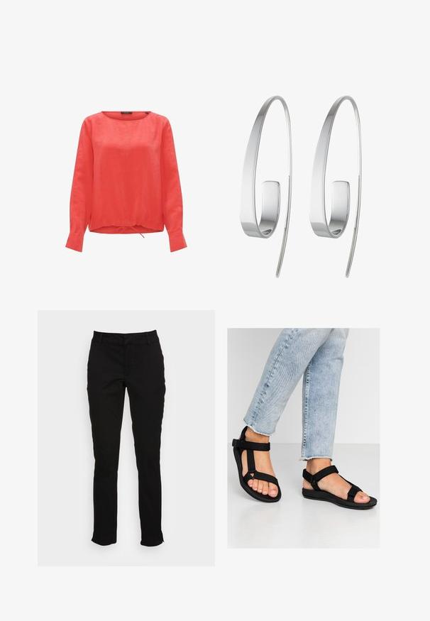 Rode linnen blouse met een ronde halslijn, lange mouwen en een gathering met trekkoord aan de onderkant. Effen structuur zonder zichtbare patronen of accenten.; Zwarte katoen broek met een slim fit, rechte pijpen, riemlussen en voorzakken. Smooth textuur met subtiele stikseldetails.; Zwarte sandalen met verstelbare riemen. Zacht, gestructureerd materiaal en een gevormde voetbed. Gepaard met lichtblauwe versleten jeans.; Zilveren creolen met een slank, langwerpig ontwerp. Gemaakt van gepolijst metaal, met een gladde textuur en minimalistische stijl.