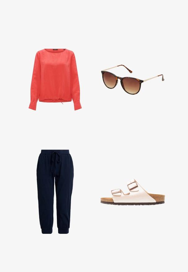 Rode linnen blouse met een ronde halslijn, lange mouwen en een gathering met trekkoord aan de onderkant. Effen structuur zonder zichtbare patronen of accenten.; Donkerblauwe joggingbroek gemaakt van zachte stof. Voorzien van een elastische tailleband met trekkoord en gebreide boorden bij de enkels voor een comfortabele pasvorm.; Witte leren sandalen met twee verstelbare bandjes en metalen gespen, kurken voetbed en een donkere rubberen zool. Vlak ontwerp.; Schildpadbril met een verloop van bruine lenzen, cat-eye vorm, gouden metalen accenten op de slapen en een gladde kunststof frame.