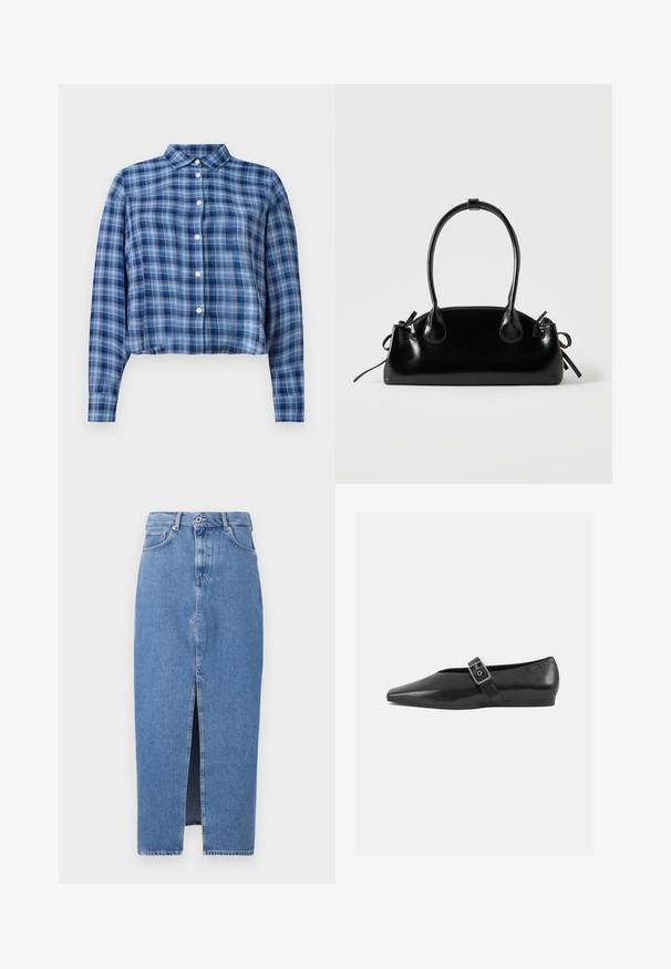 Blå og sort ternet langærmet cropped skjorte med spidse kraver og hvide knapper ned ad fronten på en hvid baggrund.; Lyseblå denim midi-nederdel med en frontslids, klassisk fem-lomme design og lukning med topknap. Stoffet har en let struktur.; Sorte læder flade sko med spidse tæer, prydet med en metallisk spænde over vristen og en lav, fleksibel sål.; Lille sort blank håndtaske med to lange håndtag og snøre-detaljer i siden på en ensfarvet lys baggrund.