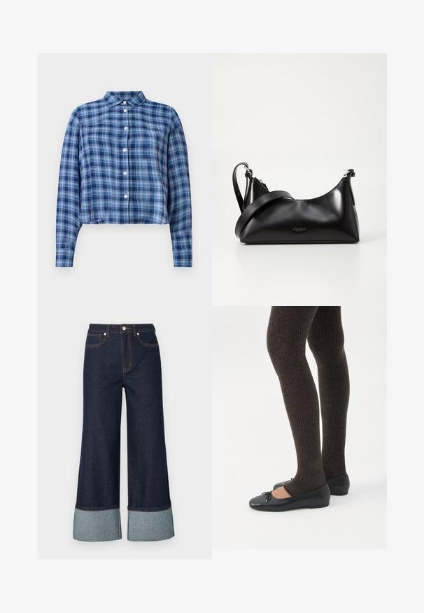 Blau- und schwarzkariertes, langärmliges, cropped Hemd mit spitzem Kragen und weißen Knöpfen in der Mitte, auf einem weißen Hintergrund.; Weite Jeans aus dunklem Denim mit einem helleren Denimabschluss. Das Design umfasst Fronttaschen und kontrastierende Nähte.; Beine in dunklen, gerippten Leggings kombiniert mit schwarzen Ballerinas mit kleinen Schleifendetails auf weißem Hintergrund.; Schwarze lederne Handtasche mit glatter Textur. Verfügt über einen verstellbaren Riemen und ein elegantes, minimalistisches Design mit einem Reißverschluss.