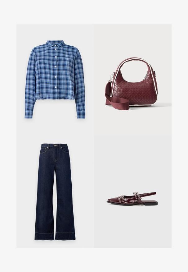 Blå og sort ternet langærmet cropped skjorte med spidse kraver og hvide knapper ned ad fronten på en hvid baggrund.; Mørkeblå brede jeans lavet af denim. Har en knaplukning, stikninger og sidelommer. Udfoldet nederste kant.; Bordeaux patentlæder slingback flad sandal med spids tå, der har dekorerede remme med metalliske detaljer.; Mørkerød vævet lædertaske med buet hank, hvid kant, sølv lynlås og aftagelig bred stofskulderrem mod en ensfarvet baggrund.