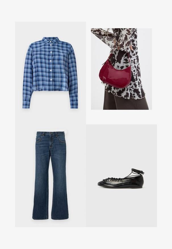 Blau- und schwarzkariertes, langärmliges, cropped Hemd mit spitzem Kragen und weißen Knöpfen in der Mitte, auf einem weißen Hintergrund.; Dunkelblaue Jeans mit weitem Bein und klassischem Fünf-Taschen-Design, mit Knopfverschluss und dezentem Used-Look. Hergestellt aus Denimstoff.; Schwarze Ballerinas aus Lackleder mit runder Spitze, Schnürdesign und flacher Sohle. Glatte Textur mit minimaler Verzierung.; Frau trägt eine schwarz-weiß gemusterte Bluse und hält eine glänzende rote Schultertasche vor einem einfarbigen Hintergrund.