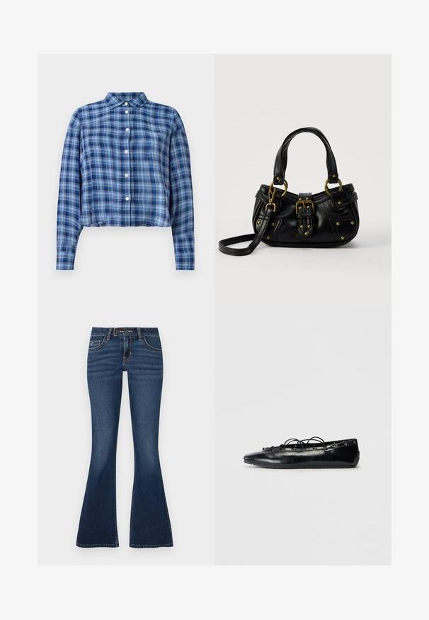 Blauwe en zwarte geruite langemouwen cropped blouse met puntige kraag en witte knopen aan de voorkant op een witte achtergrond.; Flared jeans in donkerblauwe denim, met een klassiek ontwerp van vijf zakken, contrasterende stiksels en een ritssluiting met knoop.; Zwarte puntige platte schoen met vetersluiting en oogjes langs de randen, weergegeven op een witte achtergrond.; Zwarte leren handtas met gouden gesp en klinknagel details, korte handvatten en een verstelbare schouderriem op een effen witte achtergrond.