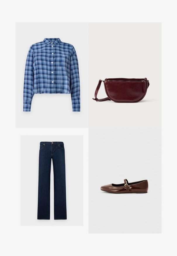 Blau- und schwarzkariertes, langärmliges, cropped Hemd mit spitzem Kragen und weißen Knöpfen in der Mitte, auf einem weißen Hintergrund.; Dunkelblaue Jeans mit geradem Bein, fünf Taschen und Knopfverschluss am Bund.; Braune Lackleder-Ballerinas mit quadratischer Zehenform und Riemen mit einer kleinen goldenen Schnalle. Glatte Textur, niedriger Absatz und minimalistisches Design.; Dunkelroter Lederhandtasche in halbmondförmiger Form mit Reißverschluss und abnehmbarem Tragegurt. Glatte Textur mit dezentem Glanz.