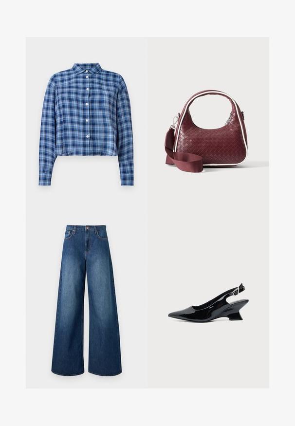 Blau- und schwarzkariertes, langärmliges, cropped Hemd mit spitzem Kragen und weißen Knöpfen in der Mitte, auf einem weißen Hintergrund.; Dunkelblaue Jeans aus Denim mit hoher Taille, weitem Bein, fünf Taschen, Gürtelschlaufen und einem Kupferknopfverschluss.; Schwarzer Slingback-Schuh aus Lackleder mit spitzer Spitze und niedrigem, schrägem Blockabsatz auf einfachem hellem Hintergrund.; Dunkelrote gewebte Ledertasche mit gebogenem Griff, weißem Besatz, silbernem Reißverschluss und abnehmbarem breitem Stoff-Schulterriemen vor einfarbigem Hintergrund.