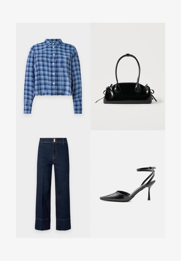 Blau- und schwarzkariertes, langärmliges, cropped Hemd mit spitzem Kragen und weißen Knöpfen in der Mitte, auf einem weißen Hintergrund.; Dunkelblaue, hochschneiderische, weit geschnittene Jeans mit doppelten goldenen Knöpfen und sichtbaren orangen Nähten auf hellem Hintergrund.; Schwarzer spitzer High Heel mit dünnen Knöchelriemen und silberner Schnalle auf einfachem hellem Hintergrund.; Kleine schwarze glänzende Handtasche mit zwei langen Griffen und seitlichen Kordelzug-Details vor einfachem hellem Hintergrund.