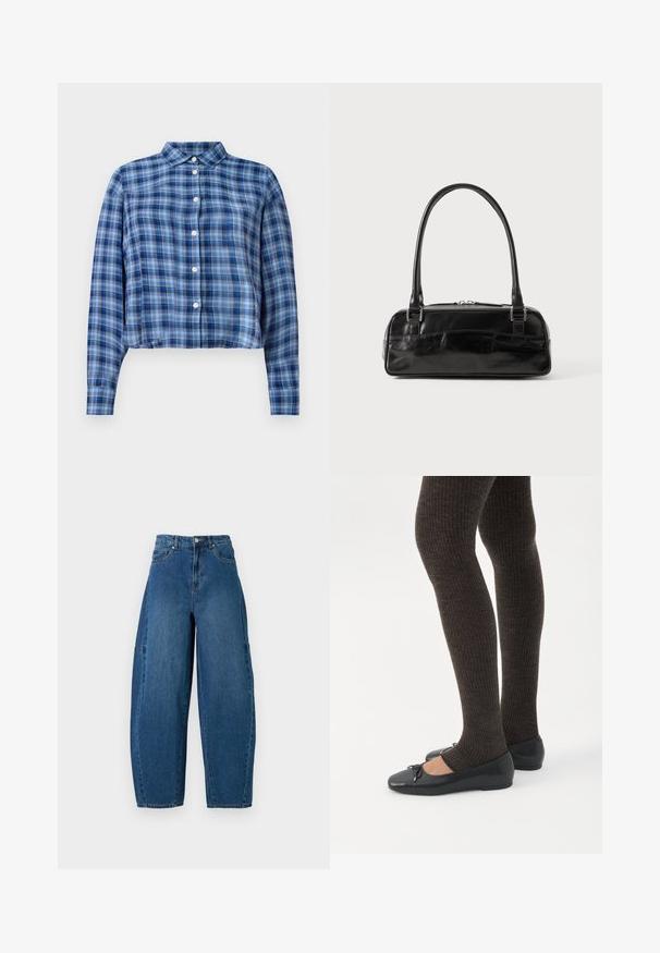 Blå og sort ternet langærmet cropped skjorte med spidse kraver og hvide knapper ned ad fronten på en hvid baggrund.; Denimjeans i en mellemblå vask, med højt liv, bred benpasform og standard fem-lomme design med synlige stikninger.; Ben iført mørke ribbede leggings kombineret med sorte balletsko med små sløjfedetaljer på hvid baggrund.; Sort læderhåndtaske med rektangulær form, der har et enkelt struktureret håndtag, sølvhardware og lynlås-lukning. Glat tekstur.