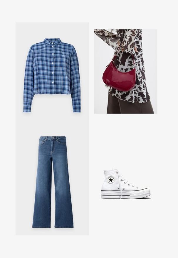 Blå og sort ternet langærmet cropped skjorte med spidse kraver og hvide knapper ned ad fronten på en hvid baggrund.; Bredde ben blå denimjeans med en standard talje, forlommer og en glat tekstur. Ingen synlige mønstre eller udsmykninger.; Hvid højtop Converse Chuck Taylor All Star-sneaker med sort logo-patch og hvide snørebånd, vist på hvid baggrund.; Kvinde iført en sort- og hvidmønstret bluse, der holder en blank rød skuldertaske mod en ensfarvet baggrund.