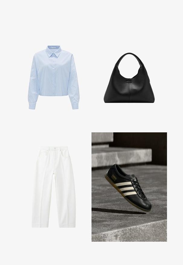 Chemise cropped bleu clair avec des rayures blanches verticales, devant à boutons, col classique et manches longues avec détails de poignets. Texture lisse.; Jean blanc à taille haute, coupe droite, avec poches avant, passants pour ceinture et fermeture par bouton.; Baskets en cuir noir avec motif à trois bandes blanches, accents texturés, lacets noirs et semelle en gomme. Logo de la marque visible sur la languette.; Sac à main en cuir noir texturé avec une seule anse courbée et un corps large en forme de croissant.