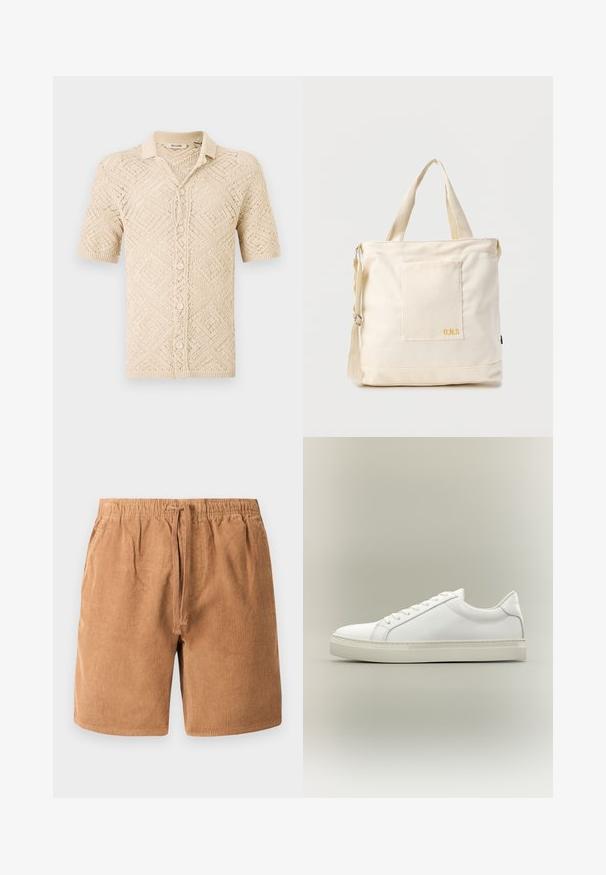 Cardigan en tricot beige à manches courtes avec un motif en losanges, doté d'une fermeture à boutons et d'un col. Fabriqué à partir de matériau léger.; Shorts en velours côtelé marron avec une taille élastique et un cordon de serrage réglable, présentant une texture à côtes verticales et des poches latérales.; Baskets blanches basses à lacets sur l’avant et semelle épaisse, vues de côté sur un fond neutre.; Sac fourre-tout en toile crème avec poche avant, deux poignées, bandoulière réglable et petit texte jaune "O.N.S" en bas à droite de la poche.