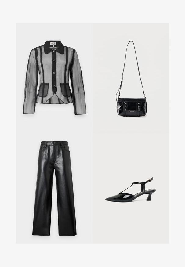 Veste noire transparente à manches longues, col structuré, six boutons et deux poches avant. Présente un motif rayé vertical et un design ajusté.; Pantalon large en fausse cuir noir à taille haute avec bouton frontal, fermeture éclair et poches à l'avant et à l'arrière sur fond gris clair.; Chaussure slingback en cuir verni noir à bout pointu avec bride en T et petit talon bloc incliné sur fond blanc.; Sac à bandoulière en cuir noir avec sangle réglable, deux fermetures éclair verticales sur le devant et un petit emblème métallique en forme d'aile sous les fermetures éclair.