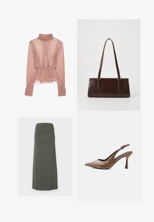 Blusa plisada de color rosa claro con un alto cuello, dobladillo con volantes y mangas largas, fabricada en tejido texturizado y con una cintura entallada.; Falda verde oliva hasta el tobillo con una cintura fruncida y tela lisa que se extiende hasta el dobladillo.; Zapato destalonado de piel marrón con tacón alto, punta estrecha, tira ajustable con hebilla y tacón delgado y cónico.; Bolso de mano de piel sintética marrón con forma rectangular, dos asas largas y sutiles acentos curvados en la parte delantera.