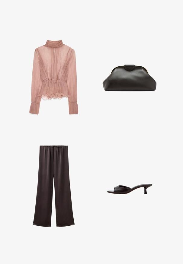 Lichtroze geplooide blouse met een hoge kraag, gerimpelde zoom en lange mouwen met een gestructureerde stof en een getailleerde taille.; Loszittende donkerbruine zijden broek met een elastische tailleband en brede rechte pijpen.; Zwarte muil met open teen, lage gebogen hak en een glad leren bovenzijde tegen een witte achtergrond.; Zachte zwarte leren clutch met een afgerond frame en een kleine lipsluiting bovenin het midden.