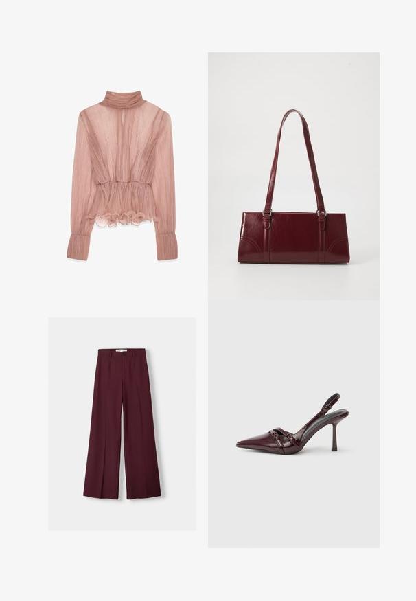 Lichtroze geplooide blouse met een hoge kraag, gerimpelde zoom en lange mouwen met een gestructureerde stof en een getailleerde taille.; Bordeaux wijde broek gemaakt van zachte stof, met een frontsluiting met knoop en schone plooien voor een nette uitstraling.; Bordeauxrode lakleren slingback met puntige neus, dunne enkelband en kleine decoratieve gespsluiting. Gladde textuur en hoge hak.; Bourgondische handtas van glanzend materiaal, rechthoekige vorm, met twee schouderbanden en subtiele gebogen accenten aan de voorkant.