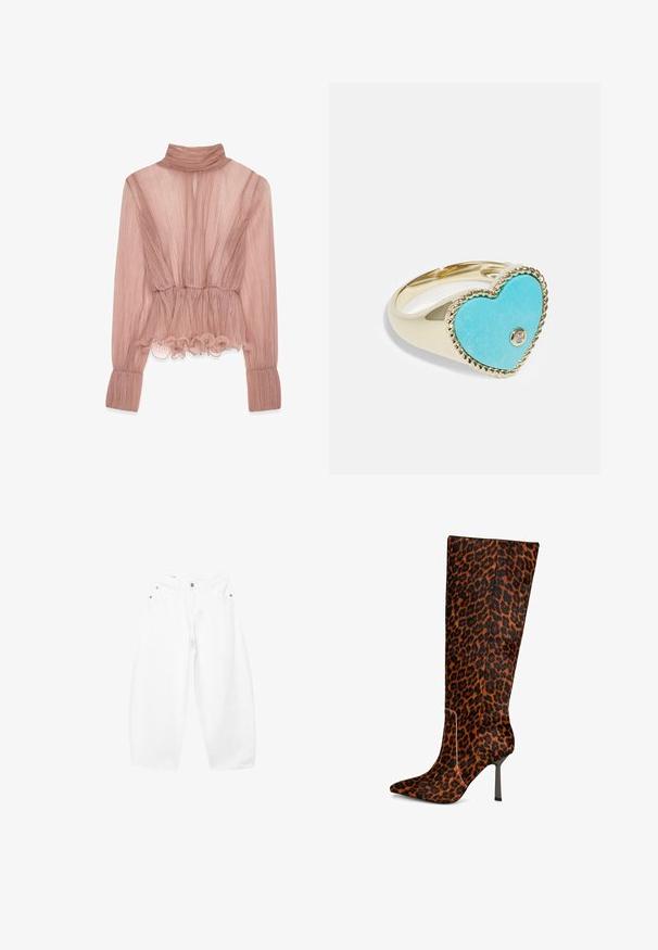Lichtroze geplooide blouse met een hoge kraag, gerimpelde zoom en lange mouwen met een gestructureerde stof en een getailleerde taille.; Witte katoenen jeans met wijde pijpen, vooraan knoop- en ritssluiting, riemlussen en vijfzakkenstijl.; Oranje en zwarte nepbont kniehoge laarzen met panterprint, puntige neus, slanke stilettohak en een witte decoratieve naad. ; Gouden ring met een grote hartvormige turkooizen steen, verfraaid met een gestructureerde, gedraaide touwaccent. Inclusief een klein helder edelsteentje in het midden.
