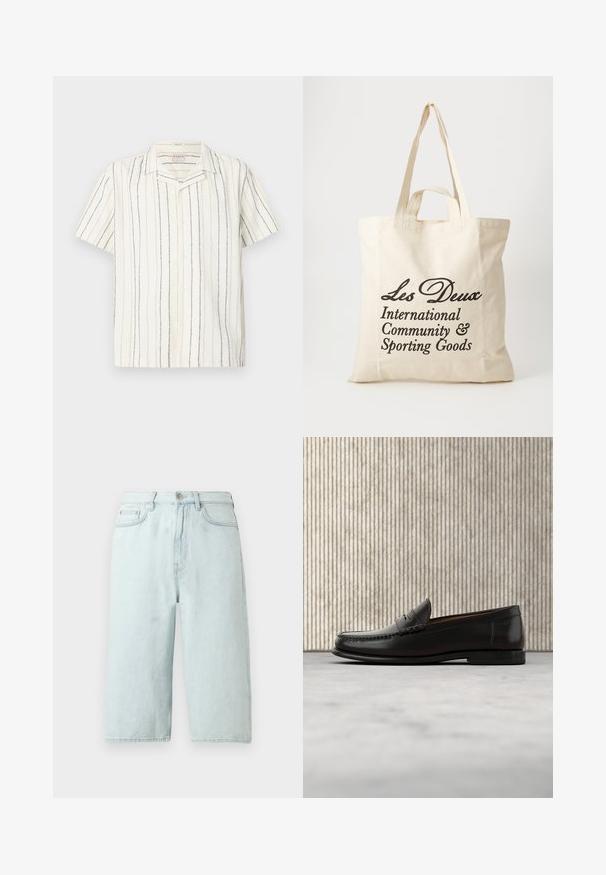 Kurzärmeliges, weißes Hemd mit Knopfleiste, vertikalen schwarzen und beigen Streifen und einem Hemdkragen, auf einem flachen, hellen Hintergrund präsentiert.; Hellblaue Jeansshorts mit geradem Bein, mittlerer Bundhöhe, vorderen Taschen und einer einzelnen Gesäßtasche, veredelt mit dezenter Naht.; Schwarzer Pennyloafer aus Leder mit niedrigem Absatz, abgerundeter Spitze und genähten Details vorne und an den Seiten, gezeigt vor neutralem Hintergrund.; Beige Baumwolltragetasche mit zwei stabilen Tragegriffen. Mit schwarzem Drucktext: "Les Deux International Community & Sporting Goods."