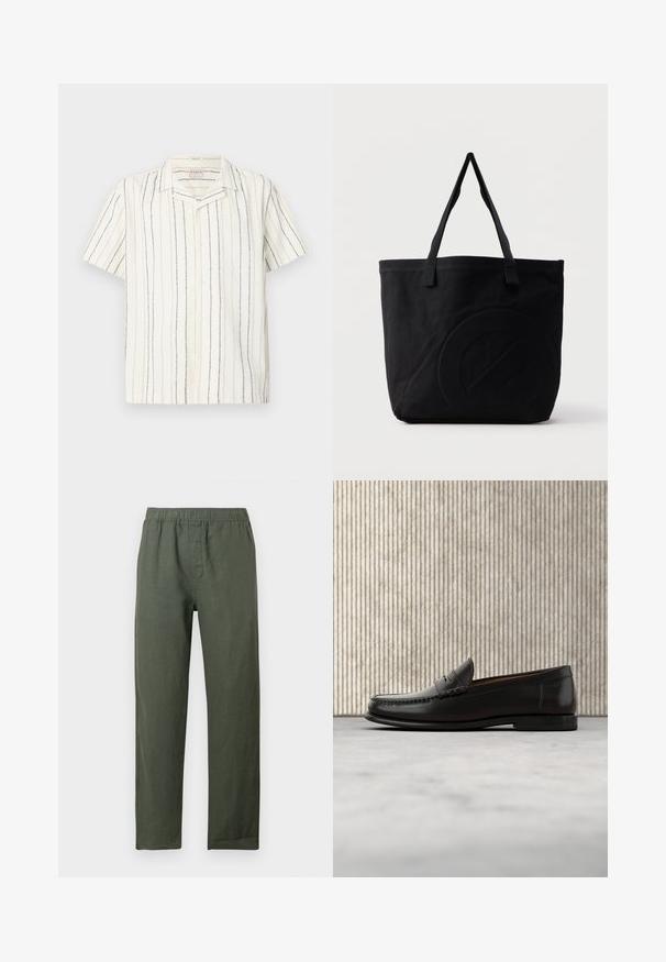 Camisa blanca de manga corta con botones, con rayas verticales en negro y beige y un cuello tipo campamento, mostrada sobre un fondo claro y plano.; Pantalones de lino ligeros de color verde oscuro con cintura elástica y piernas rectas. Presentan una tapeta frontal sin bolsillos visibles.; Mocasín penny de cuero negro con tacón bajo, punta redondeada y detalles cosidos en la parte delantera y los laterales, mostrado sobre un fondo neutro.; Bolsa tote de lona negra con dos correas para el hombro y un diseño circular en relieve sutil en el frente.