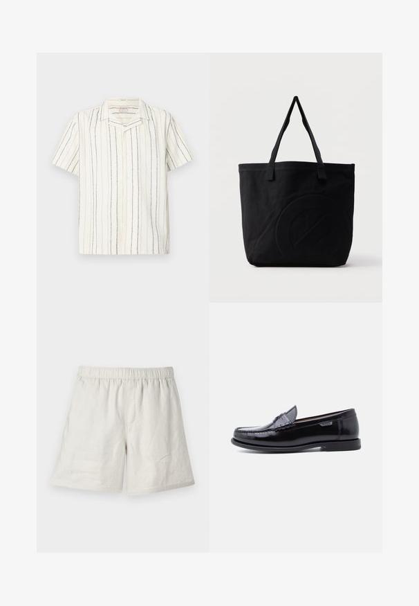 Kurzärmeliges, weißes Hemd mit Knopfleiste, vertikalen schwarzen und beigen Streifen und einem Hemdkragen, auf einem flachen, hellen Hintergrund präsentiert.; Helle beige Leinen-Shorts mit elastischem Bund, die eine lockere Passform und minimale Nähte für ein einfaches, lässiges Design bieten.; Schwarze Leder-Loafer mit glänzendem Finish, mit einer gesteppten Verzierung auf der Zehenpartie und einer niedrigen, strukturierten schwarzen Gummisohle.; Schwarze Canvas-Shopper-Tasche mit zwei Schulterriemen und einem dezenten, eingeprägten kreisförmigen Design auf der Vorderseite.