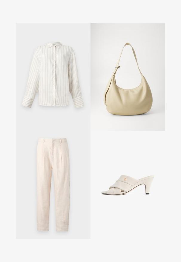 Chemise blanche à manches longues avec de fines rayures verticales beiges, devant à boutons, et col classique. Manchons larges avec motif de rayures assorti.; Pantalons en lin beige clair avec une coupe droite, dotés de deux plis à l'avant, de poches latérales et d'une surface légèrement texturée.; Mules à talons hauts beiges avec un design de bride en cuir torsadé, bout ouvert et motif de logo en relief. Le talon présente un détail d'embout noir.; Sac à épaule en cuir beige avec une forme courbée, une bandoulière réglable et un détail de logo embossé, présentant une texture lisse et un design minimaliste.