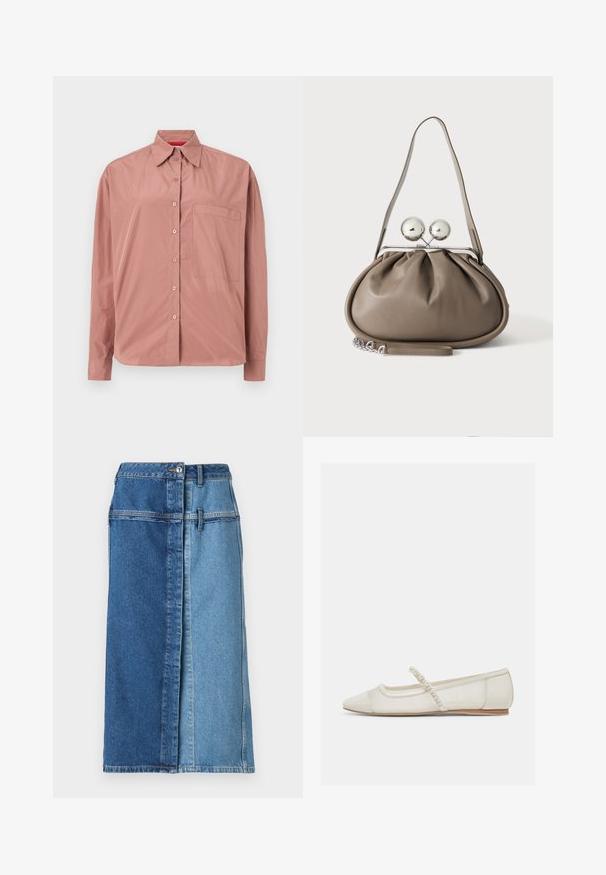 Chemise à manches longues boutonnée en rose poussiéreux, en tissu lisse. Présente une poche poitrine et un col structuré. Boutons assortis en couleur.; Jupe en denim avec un design bi-ton, présentant du bleu foncé d'un côté et du bleu clair de l'autre, avec un bouton de fermeture et des poches.; Chaussure plate ivoire à bout pointu avec bride ornée de perles et petit talon en bois, vue de côté sur un fond clair.; Sac à main en cuir gris de forme arrondie, fermeture supérieure avec deux grandes sphères argentées, et une seule anse.