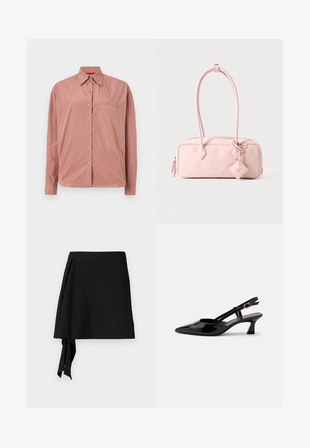 Chemise à manches longues boutonnée en rose poussiéreux, en tissu lisse. Présente une poche poitrine et un col structuré. Boutons assortis en couleur.; Jupe noire au design épuré, avec un détail de nouage latéral, une texture lisse et une silhouette drapée. Confectionnée en tissu léger.; Chaussure slingback en cuir verni noir à petit talon, bout pointu et bride réglable avec boucle dorée sur fond blanc.; Sac à main rectangulaire rose clair avec deux longues anses, logos embossés, et une étiquette en cuir suspendue en forme de diamant avec un emblème doré.