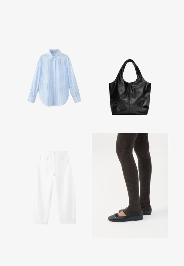 Chemise bleu clair à manches longues, boutonnée, avec de fines rayures verticales blanches et marron et un col pointu.; Jean blanc taille haute, coupe droite, avec poches avant, passants pour ceinture, fermeture par bouton et détails de coutures visibles.; Jambes portant des leggings côtelés foncés associés à des ballerines noires avec de petits détails en nœud sur fond blanc.; Sac fourre-tout en cuir noir avec une texture lisse, un haut arrondi doux et de larges poignées. Présente une couture minimale et une silhouette décontractée.