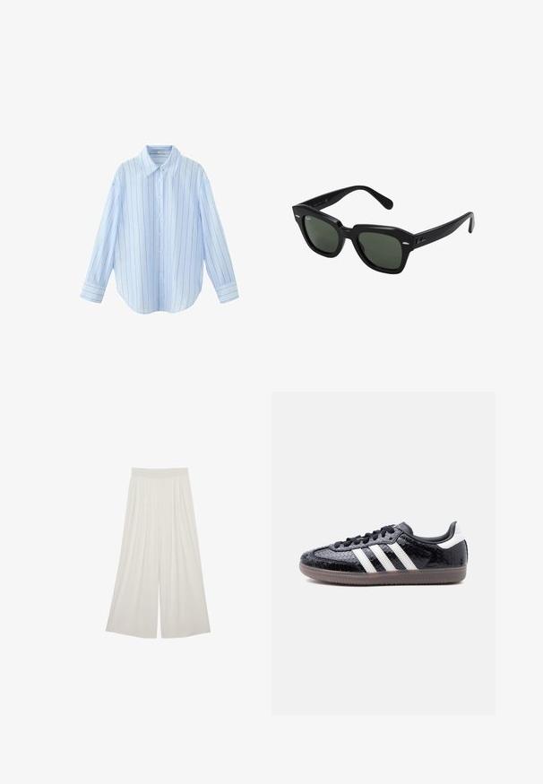 Chemise bleu clair à manches longues, boutonnée, avec de fines rayures verticales blanches et marron et un col pointu.; Pantalon crème à jambes larges et taille haute avec plis et ceinture lisse, présenté sur un fond blanc uni.; Baskets noires profilées avec motif en relief imitation peau de serpent, bandes blanches sur le côté, lacets noirs et semelle translucide marron.; Lunettes de soleil carrées noires avec des verres vert foncé, présentant des montures audacieuses et des accents argentés sur les côtés. Fabriquées en Italie.
