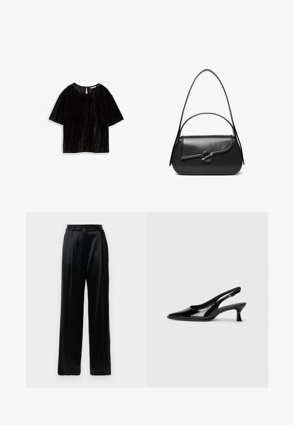 Haut noir à manches courtes en tissu texturé, avec un col rond et une ouverture en forme de clé au dos. Détails de design froissés.; Pantalons en satin noir taille haute avec jambes larges droites, passants de ceinture et fermeture plates sur un fond blanc uni.; Escarpins en cuir verni noir avec un bout pointu et un petit talon carré. Sangle réglable à la cheville avec boucle.; Sac à bandoulière en cuir noir avec un rabat incurvé fermé par un fermoir métallique rond et une sangle fine et ajustable.