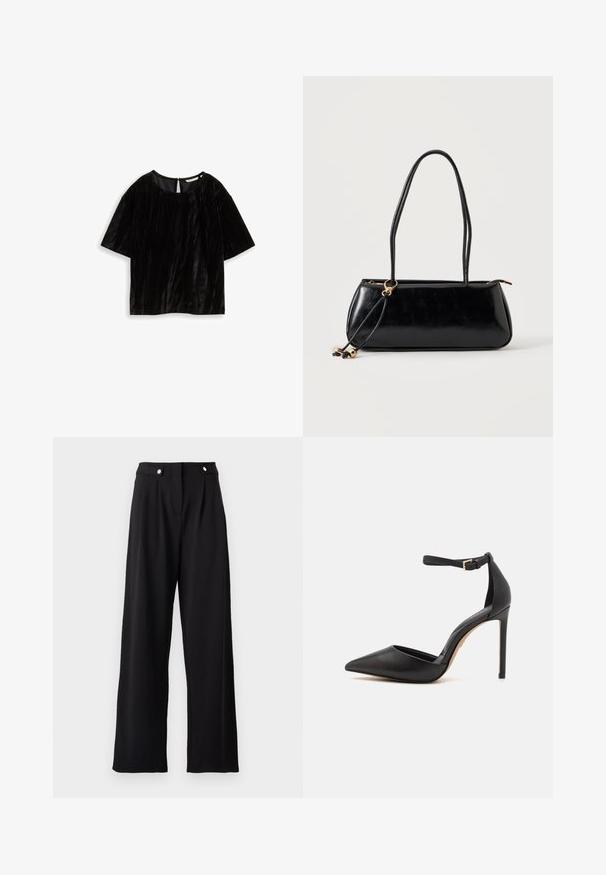Haut noir à manches courtes en tissu texturé, avec un col rond et une ouverture en forme de clé au dos. Détails de design froissés.; Pantalons larges noirs au tissu lisse, dotés d'une taille haute, de plis avant et d'accents en boutons métalliques.; Pompe à talons hauts en cuir noir avec un bout pointu et une lanière de cheville. Caractéristiques : un talon aiguille et une texture lisse. Design simple avec des garnitures en or.; Sac à main rectangulaire noir avec deux longues bandoulières, détail anneau doré et fermeture éclair sur un fond clair uni.
