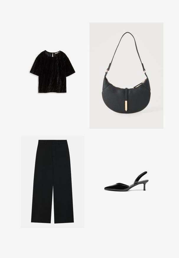 Haut noir à manches courtes en tissu texturé, avec un col rond et une ouverture en forme de clé au dos. Détails de design froissés.; Pantalons noirs à jambe large en tissu lisse. Dotés d'une taille plate avec passants de ceinture et sans poches visibles. Design simple.; Escarpins à talon aiguille en cuir verni noir, avec un bout pointu, un talon aiguille bas et un design élégant et simple sans embellissements.; Sac à main noir en forme de croissant avec une bandoulière unique, une fermeture éclair dorée et une languette décorative rectangulaire dorée à l'avant.